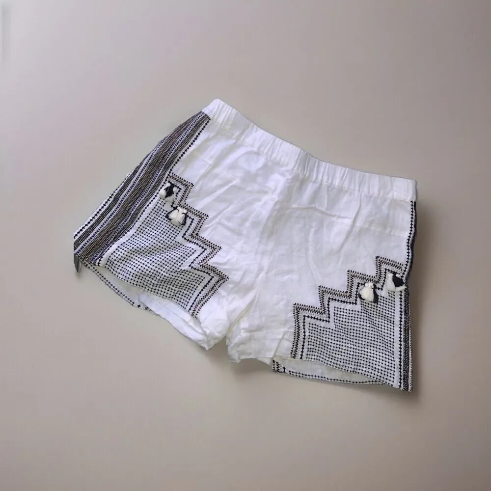 J Crew Collection 100% Linen White Embroidered Tassel Lined Shorts! Size M